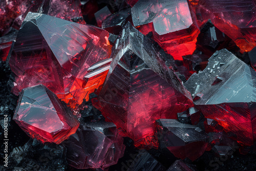 A depiction of garnet crystals, with their deep red transparency and glossy facets,