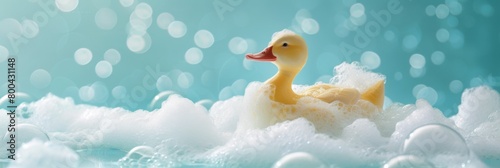 Duck wading through bubbles in a bubble bath, its feathers covered with soap suds on an azure blue background