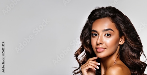 Young beautiful woman with clean healthy skin isolated on light background. Facial skin care concept, spa, cosmetology