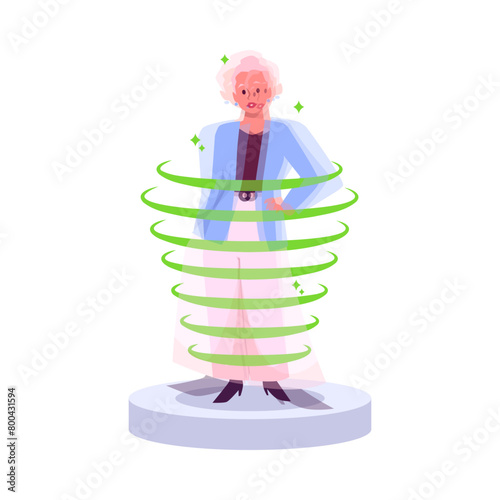 Woman standing on podium and using teleport flat style