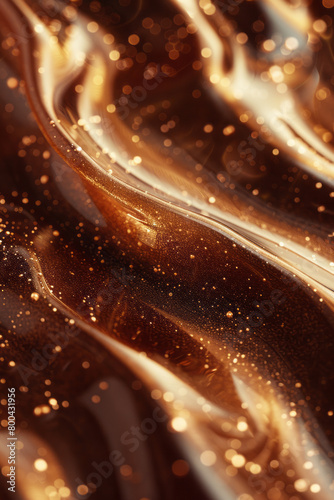 A close-up view of liquid bronze flowing, highlighting its deep, warm brown tones intermixed with golden highlights,