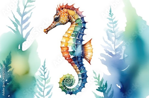 ocean wildlife, detailed watercolor hand-drawn illustration of sea horse on white background photo
