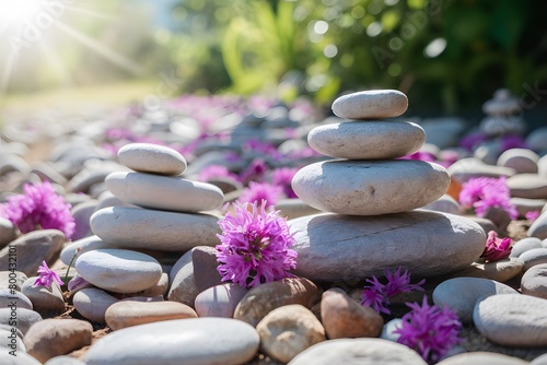 Balance and harmony in nature stacked stones  purple flowers  and soft sunlight glow