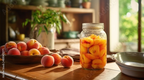 A jar of peach preserves sits on a table next to a bowl of peaches. The scene is set in a kitchen with a window that lets in natural light photo