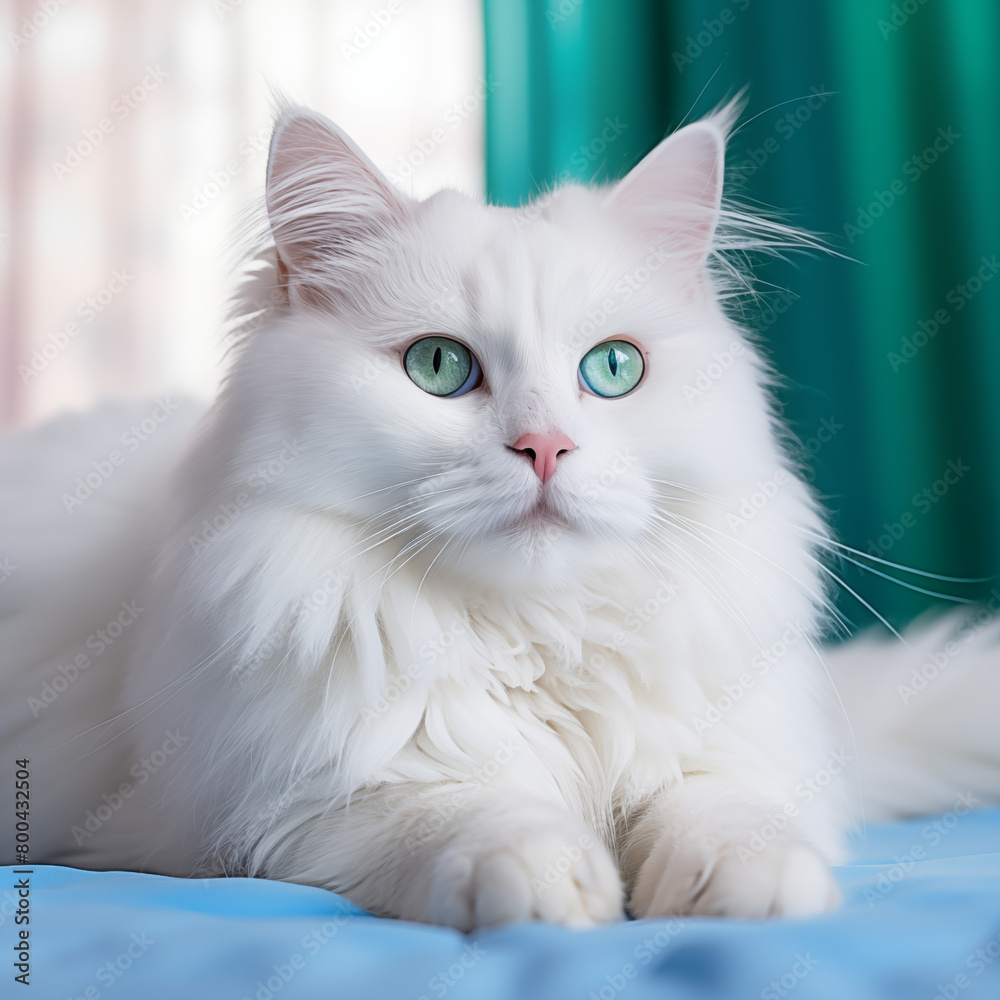 white persian cat, Beautiful white cat with blue and green eyes lying in the studio stock photo