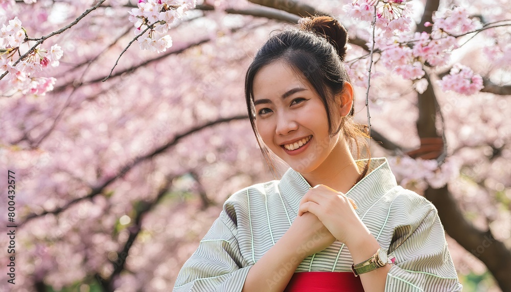 Portrait of a beautiful smiling Japanese woman wearing a kimono standing under a cherry blossom tree in a traditional garden, with pink flowers blooming on a sunny spring day Portrait of a beautiful smiling Japanese woman wearing a kimono standing under a cherry blossom tree in a traditional garden, with pink flowers blooming on a sunny spring day