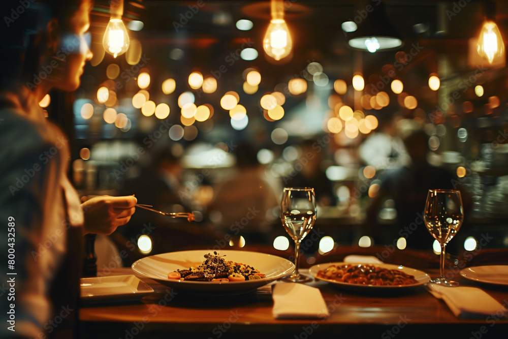 Naklejka premium Blurred Restaurant Background with People - Generative AI.