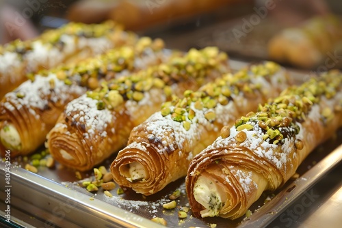 Golden cannoli sprinkled with pistachios a sweet temptation