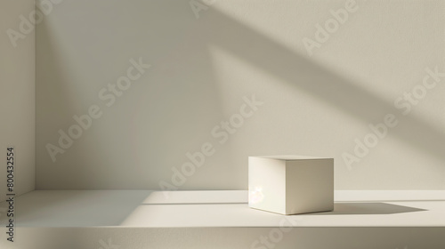 A minimalist white cube on a pedestal with soft shadows, expressing purity and balance