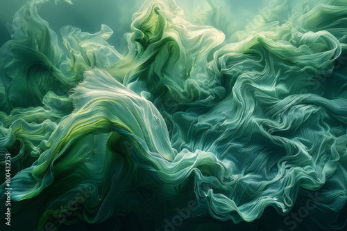An abstract portrayal of algae  with flowing  ribbon-like structures in shades of green and blue  simulating underwater movement 
