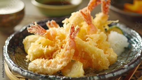 Golden crispy tempura shrimp and vegetables on a woven plate