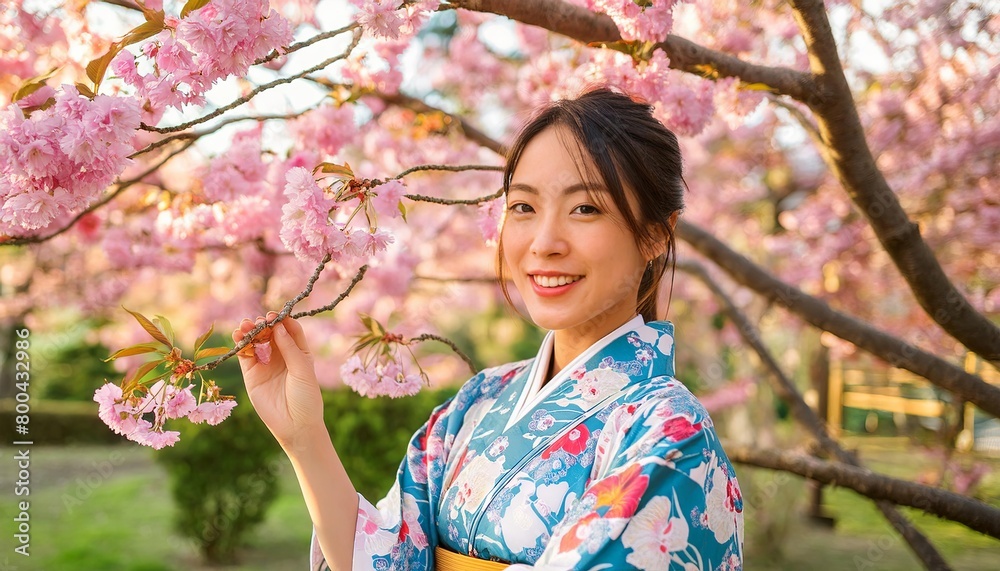 Portrait of a beautiful smiling Japanese woman wearing a kimono standing under a cherry blossom tree in a traditional garden, with pink flowers blooming on a sunny spring day Portrait of a beautiful smiling Japanese woman wearing a kimono standing under a cherry blossom tree in a traditional garden, with pink flowers blooming on a sunny spring day