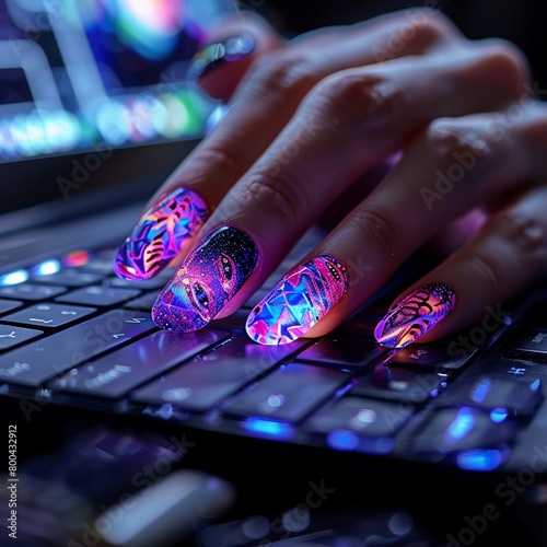 Nail technicians training on advanced graphic design software for custom nail art, blending art with technology , 8K resolution