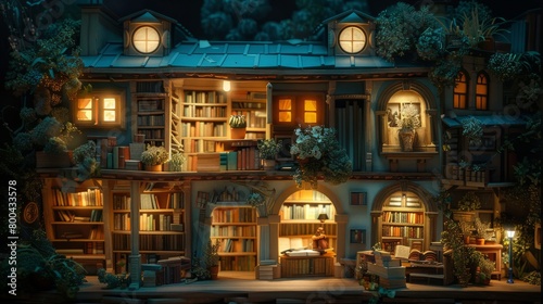Illuminated library scene  books on shelves come alive with scenes of their narratives