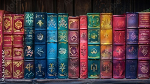 Vibrant book covers on a library shelf, each depicting a moment frozen in time from its story