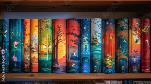 Bookshelf displaying a vibrant collection of books with beautifully illustrated covers representing different seasons.