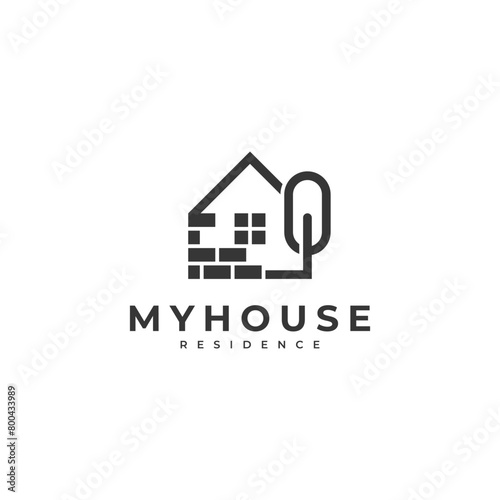 house with bricks and tree for house, apartment, real estate, construction, interior or exterior logo