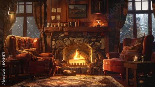 A cozy fireside scene with a crackling fire and comfortable armchairs. photo