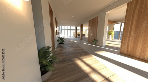 Long hardwoodfloored hallway with white walls in a real estate building