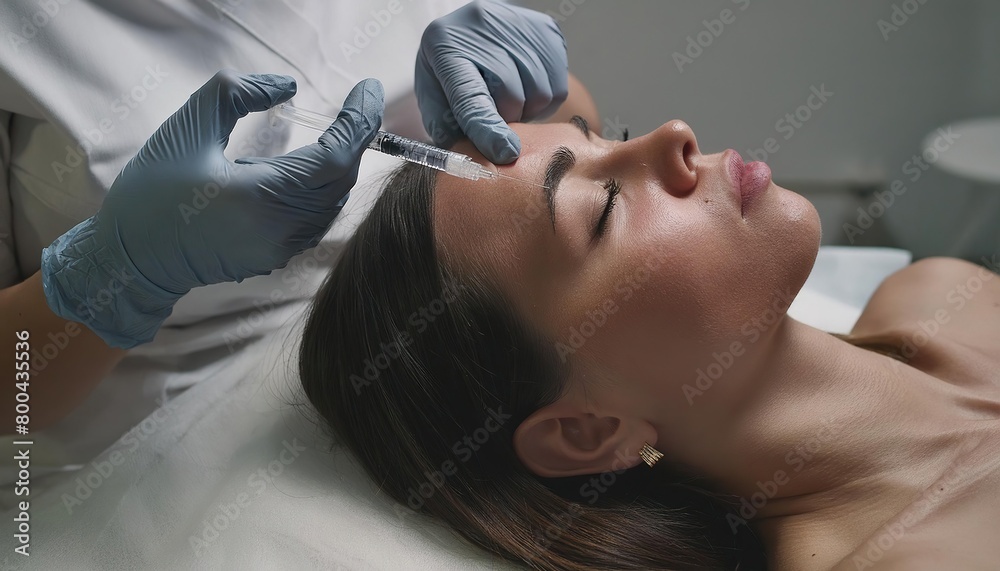 Naklejka premium Medical cosmetology of plasma injections. Cosmetology, facial injections close-up. A professional cosmetologist, doctor does mesotherapy, plasma therapy to a young woman