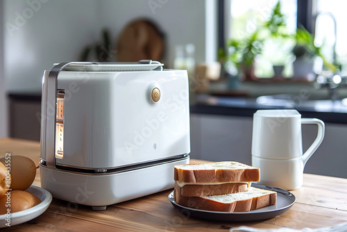 A compact toaster with a removable crumb tray, ensuring cleanliness. photo