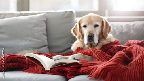 Cozy Relaxation: Enjoy Reading at Home with Your Furry Friend. Concept Reading Nooks, Cozy Blankets, Furry Friends, Relaxing Atmosphere, Book Lovers