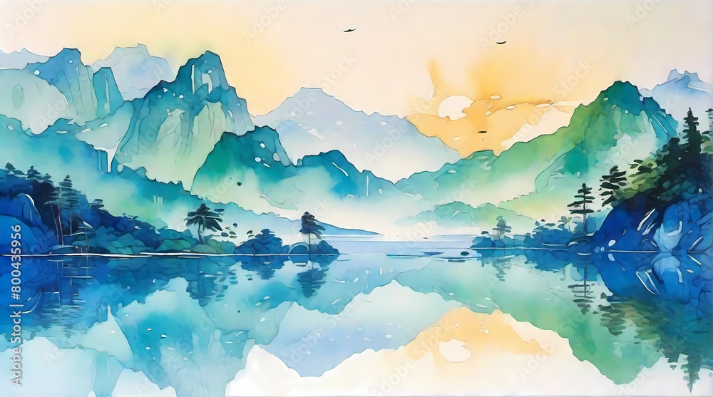 Asian Landscape Watercolor illustration: landscape with lake