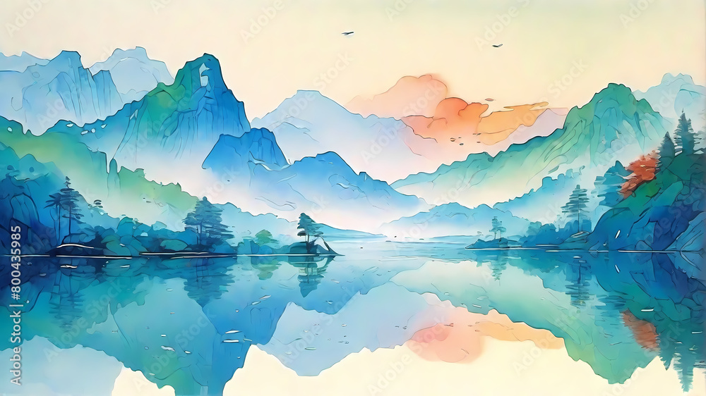 Asian Landscape Watercolor illustration: sunrise over the mountains