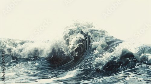 A monumental and majestic ocean wave, frozen in time against a clean white backdrop.