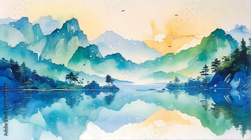 Asian Landscape Watercolor illustration  landscape with lake