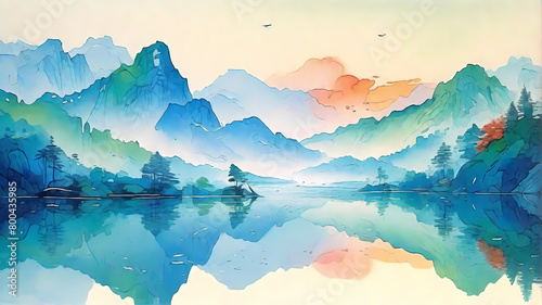 Asian Landscape Watercolor illustration  sunrise over the mountains