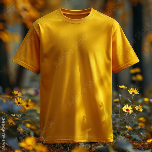 yellow tshirt mockup, t-shirt hanging, colorfull background