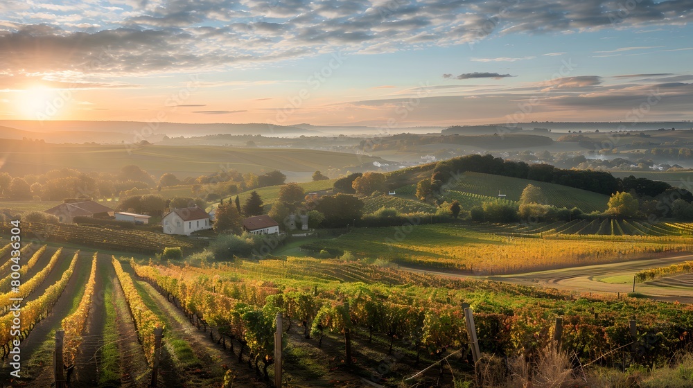 Naklejka premium Golden sunrise over a serene vineyard landscape