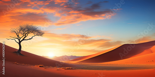 Sunset over sand dunes  nature tranquil beauty in desert with the alone tree in the background 
