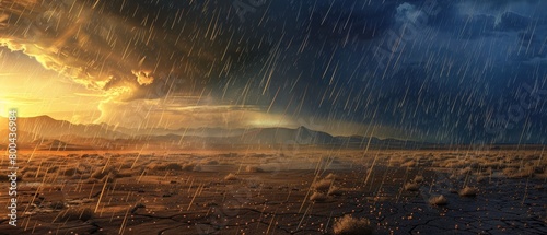 Atmospheric 3D depiction of raindrops falling onto dry, arid land, the clash highlighted by dark, dramatic lighting and a heavy sky, photo