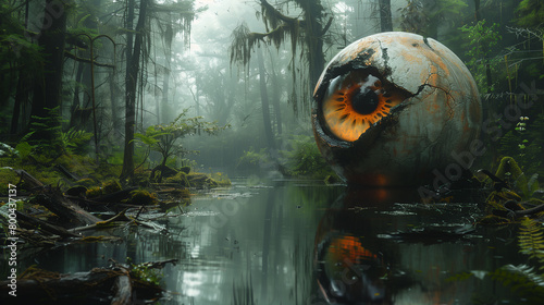Large eyeball sculpture in forest area and front of the riverbank