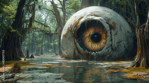 Large eyeball sculpture in forest area and front of the riverbank