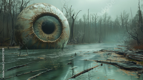 Large eyeball sculpture in forest area and front of the riverbank