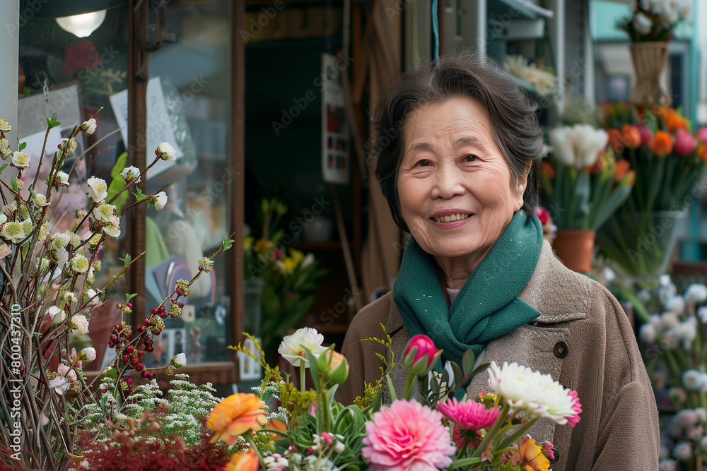 Standing in front of her flower shop, a woman's smile shines brightly, symbolizing the passion and dedication she pours into her floral business,