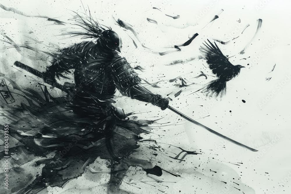 a drawing of a samurai with a sword and birds a drawing of a samurai with a sword and birds