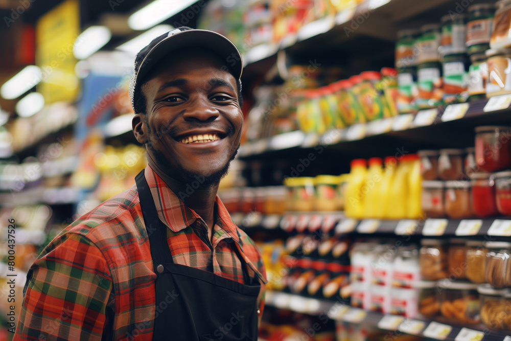 photo of the essence of dedication and service, an African American supermarket worker, clad in an apron and cap, grins brightly while tending to the merchandise on a shelf,