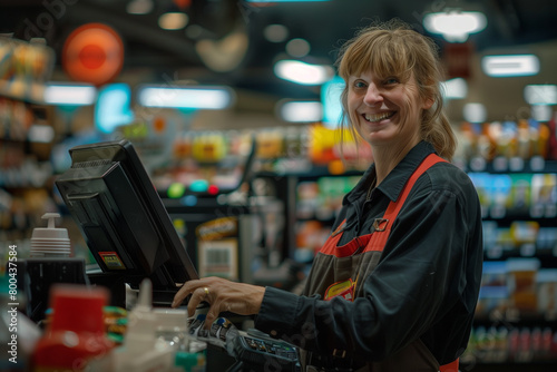 Illuminated by the checkout lights, a smiling American supermarket cashier beams with warmth and professionalism,