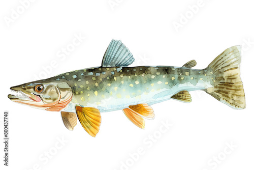 Minimalistic watercolor of a Pike on a white background, cute and comical.