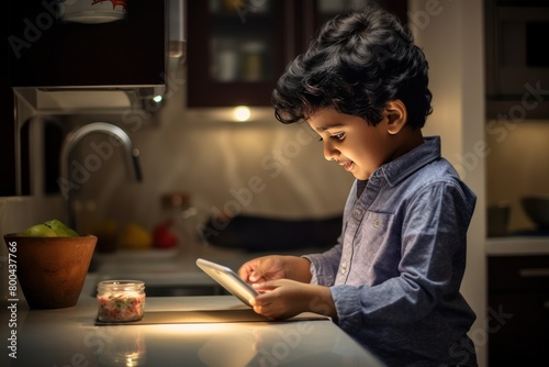 A young boy is sitting at a table with a tablet in front of him. He is smiling and he is enjoying himself