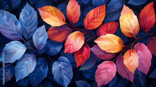 an abstract colorful painting of leaves, branches, and trees