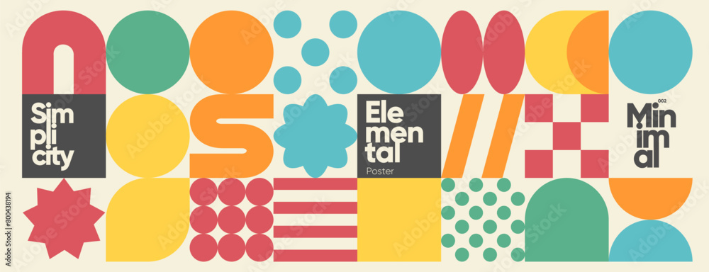 Collection of colorful geometric shapes forming a series of minimalist typographic posters with a retro design aesthetic.