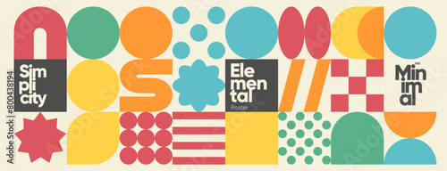 Collection of colorful geometric shapes forming a series of minimalist typographic posters with a retro design aesthetic.
