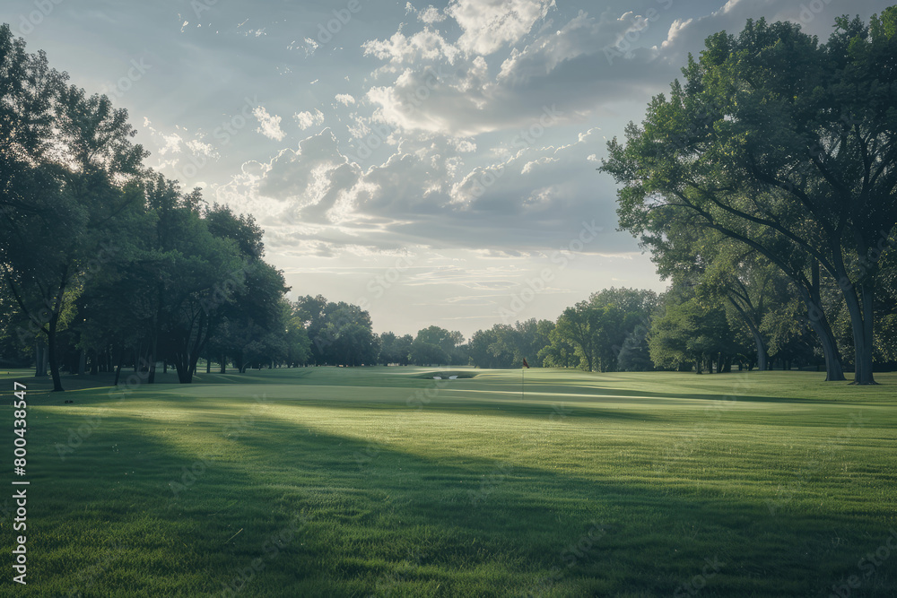 Naklejka premium a golf course with trees and a sun shining through the trees