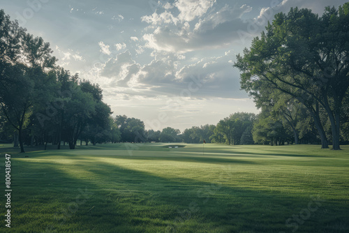 a golf course with trees and a sun shining through the trees