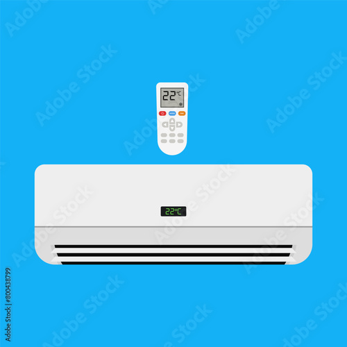 Air conditioner with remote control flat vector design on blue background
